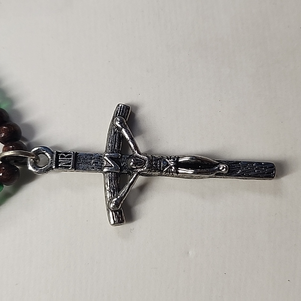 Green Glass Bead Crucifix Necklace Long Rosary Style Wood Spacer Faith Necklace
